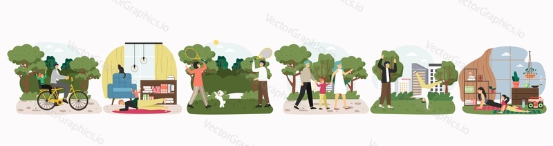 Happy parents and kids spending time together at home and outside, flat vector illustration. Family members walking in park, playing, riding bike doing sport exercises. Family relationship, parenting.