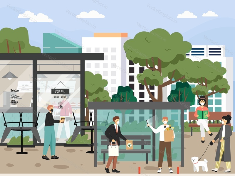 People wearing face masks visiting cafe, waiting for bus, walking the dog, sitting on bench, keeping physical distance in the street, flat vector illustration. Quarantine. Social distancing measures.