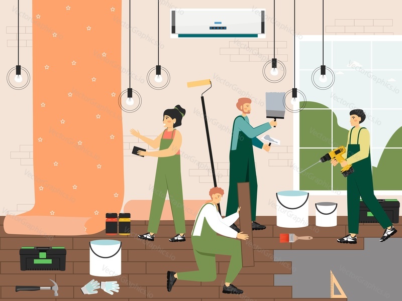 Home repair and improvement. Repairman, workman team wallpapering, laying laminate in living room, flat vector illustration. Handyman service. Home renovation.