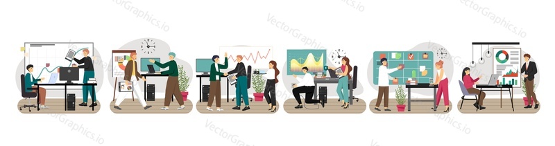Business people team work, flat vector isolated illustration. Group of office people working together. Cooperation, agile teamwork.