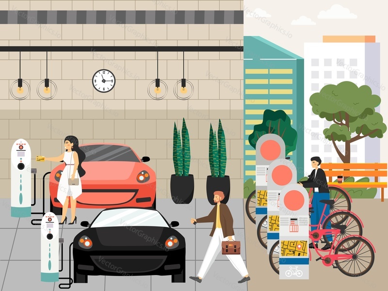 Man and woman charging cars at electric vehicle charging station, flat vector illustration. Ev charger, bicycle parking. Eco transport.