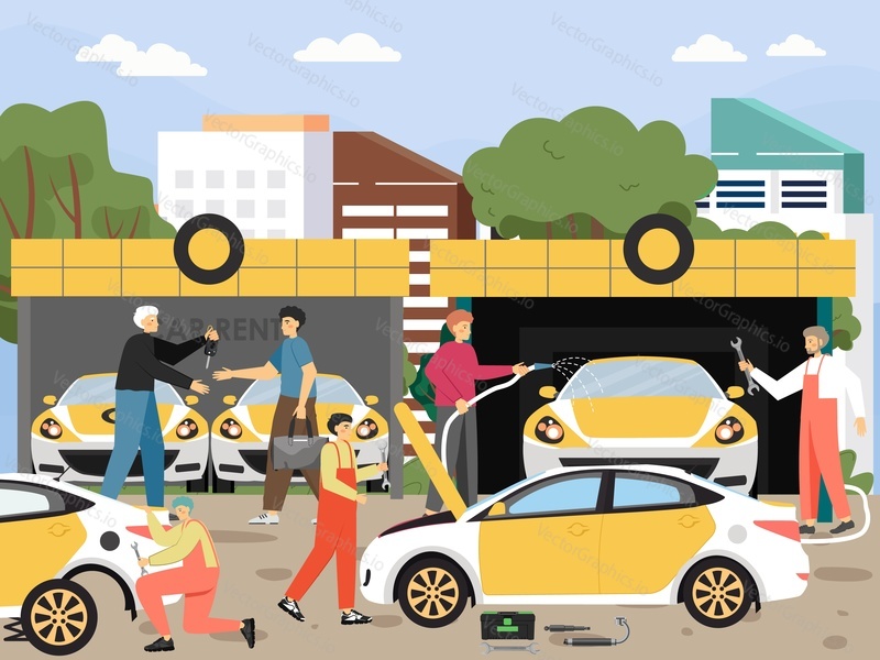 Car rent, wash, tires, repairs, auto mechanic and maintenance service, flat vector illustration. Male characters replacing tyres, washing, fixing broken car, giving key to customer. Automotive center.