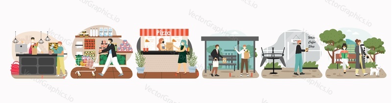 Coronavirus pandemic. City in quarantine. People in face masks visiting cafe, shopping for groceries, walking in park, street keeping distance, flat vector illustration. Social distanscing measures.