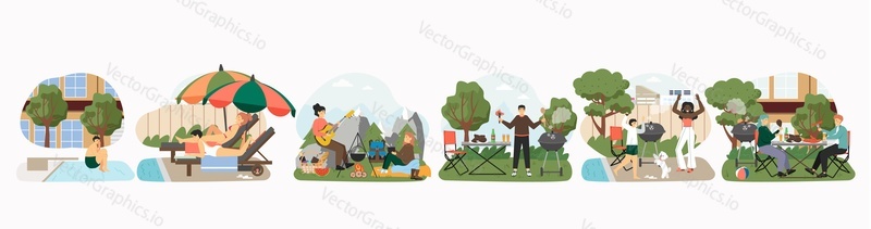 People sunbathing, hiking, grilling and eating barbecue food, flat vector isolated illustration. Swimming pool, bbq party. Summer vacation, travel, camping, trekking, outdoor activities.