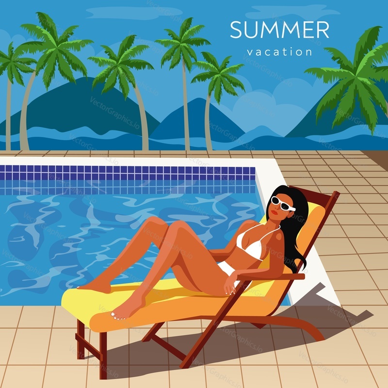 Swimming pool. Tropical resort. Girl sunbathing on chaise longue, flat vector illustration. Summer beach vacation poster design template.