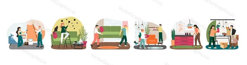 Home repair scene set, flat vector isolated illustration. Repairman, workman characters painting wall, fixing furniture, decorating room. Handyman service. Home renovation and improvement.