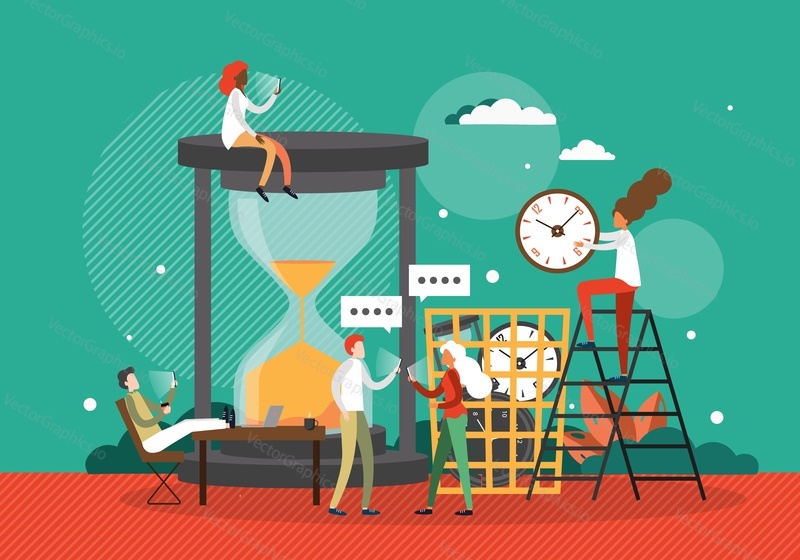 Tiny business people employees sitting on huge hourglass, throwing wall clock, sand glass into basket, using mobile phones, flat vector illustration. Time management, deadline, patience.
