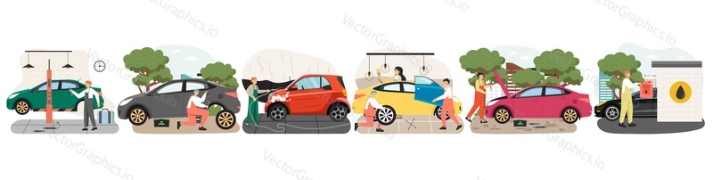 Car repair scene set, flat vector isolated illustration. Mechanic changing tire, oil, filters, fixing broken automobile. Car wash, tires, repairs, auto mechanic and maintenance service.