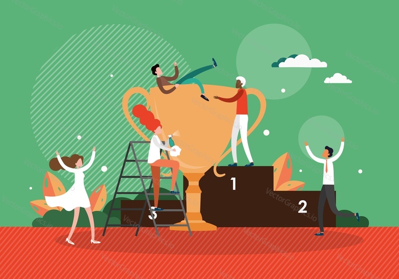 Business team success, achievements with trophy cup, winner pedestal, flat vector illustration. Business people celebrating victory.