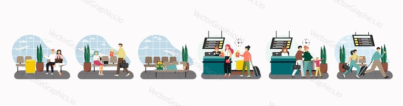 Airport scene set, flat vector isolated illustration. People checking in, waiting for flight in departure lounge sitting on chairs, walking with luggage.
