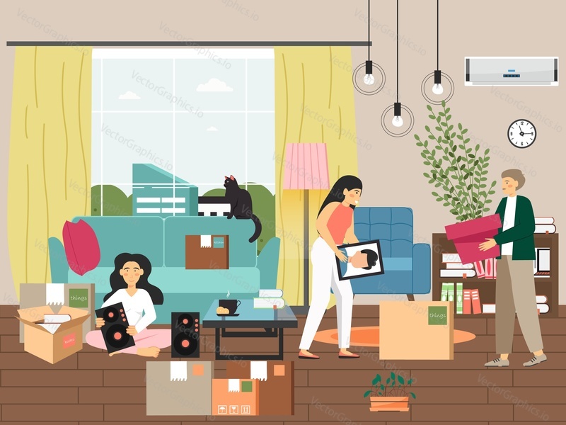 Happy family moving to new home, flat vector illustration. People packing things in cardboard boxes in living room. Moving house and relocation.