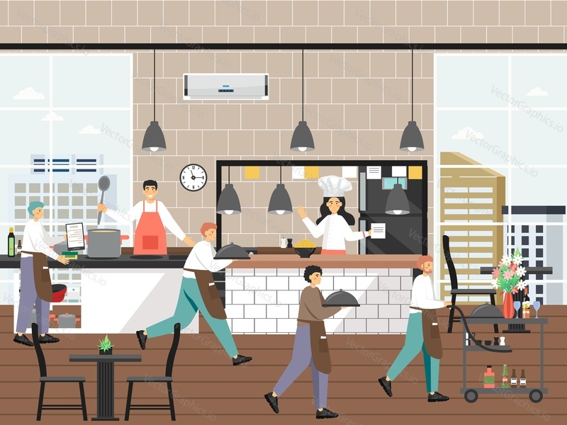 Restaurant or cafe kitchen with chef and waiter characters, flat vector illustration. Restaurant business, catering, teamwork.
