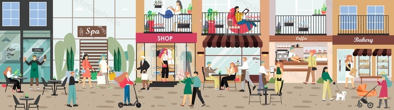 City street with apartment buildings and stores, sidewalk cafe, bakery, coffee shop, spa salon with visitors, shoppers, flat vector illustration. People walking down city shopping street.