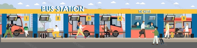 Passengers buying tickets at bus station, waiting for coach, flat vector illustration. Intercity bus stop terminal with tourists. Transit service.