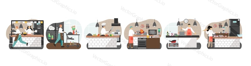 Commercial kitchen scene set, flat vector isolated illustration. Chef cooking food, confectioner making desserts, waiter serving dishes. Restaurant business and catering.