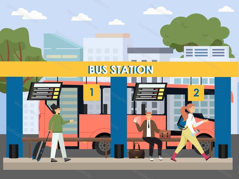 People waiting for bus at intercity bus station, flat vector illustration. Bus terminal. Waiting area, passengers with luggage.
