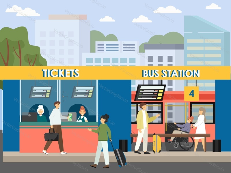 Passengers buying tickets at bus station, flat vector illustration. Intercity bus stop terminal with tourists.