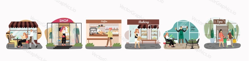 Cafe, restaurant, bakery, clothing store, spa salon, coffee shop facade with entrance door, glass showcases, striped awnings, flat vector illustration. Small street shop exterior with customers.