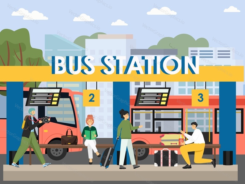 Bus station terminal, flat vector illustration. Passengers with book, camera, suitcase waiting for bus.