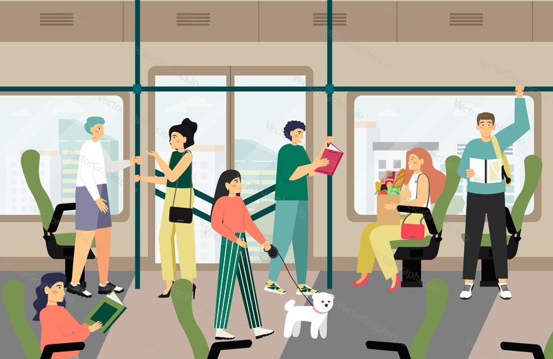 Passengers traveling by city metro train, flat vector illustration. Female and male characters standing, sitting, reading. People commuting to and from work. Modern city public transport.