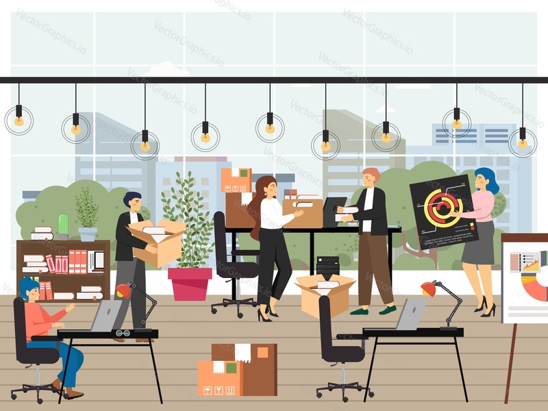 Office scene set, flat vector illustration. Employee, male and female characters working on computer, packing things in cardboard boxes. Workflow, moving and relocation to new office space.