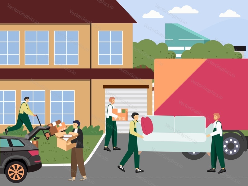 Movers loading moving truck with cardboard boxes, carrying sofa, flat vector illustration. People moving to new home. Relocation company services.