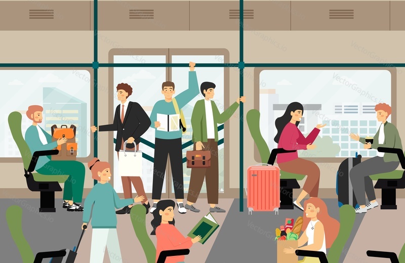 Passengers traveling by city bus, flat vector illustration. Female and male characters standing, sitting, reading, talking. People commuting to and from work. Modern public transport. Daily commute.