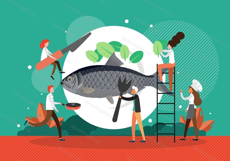 Restaurant or cafe chef characters cooking fish, flat vector illustration. Professional chef in apron and hat preparing delicious fish dinner. Gourmet, tasty and healthy dishes.