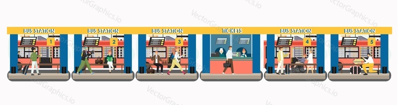 Intercity bus station platforms, tickets, flat vector illustration. Long distance buses and passengers at coach station.
