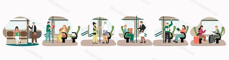 Passengers traveling by city public transport, flat vector illustration. People commuting to and from work by bus, metro train, tram, trolleybus. Modern city transportation.
