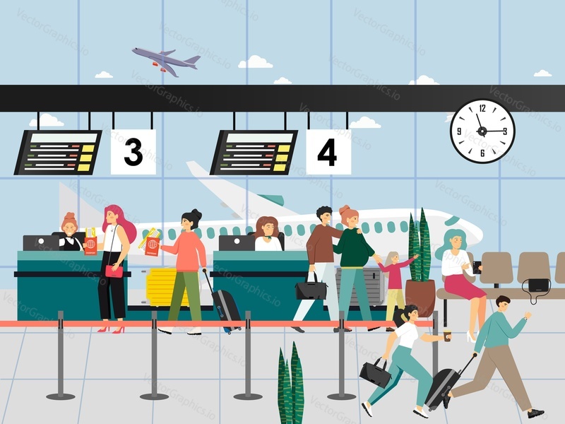 Happy passengers with luggage at the airport check in counter, flat vector illustration. People checking in for valid travel documents such as tickets, visa, passport.