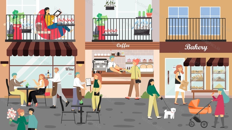 People visiting coffeehouse, cafe, bakery, walking down pedestrian shopping street, flat vector illustration. Small street shop exterior with customers. Public place, shopping business.
