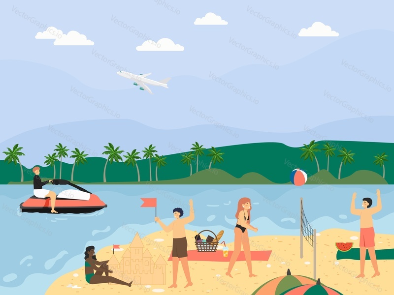 Happy people enjoying summer beach vacation, flat vector illustration. Male and female characters making sand castle, sunbathing, playing volleyball, riding water scooter. Travel. Beach activity.