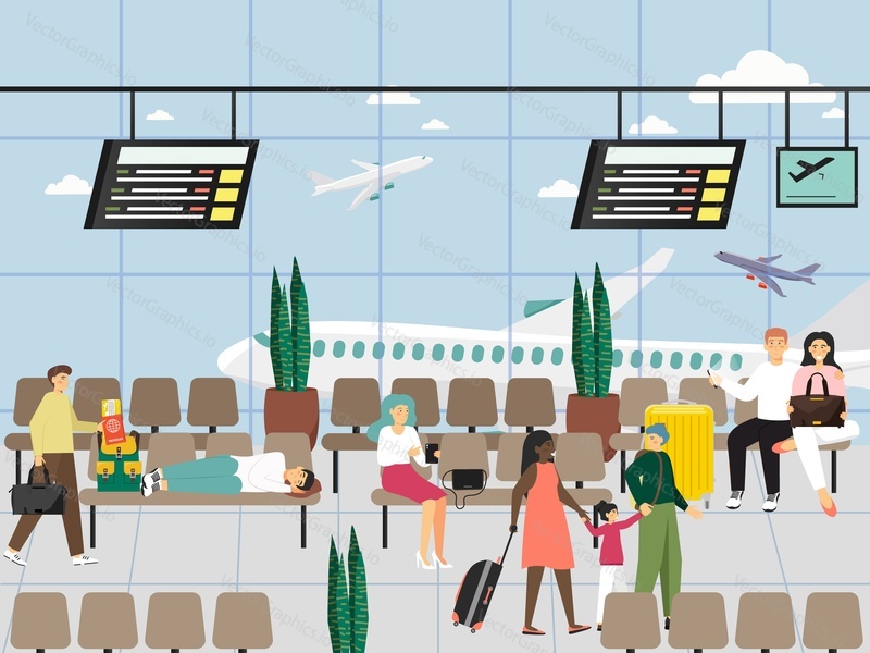 Passengers with luggage in airport waiting hall, flat vector illustration. People waiting for flight in departure lounge.