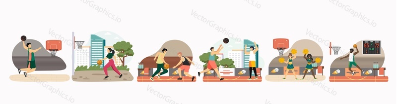 Basketball player character set, flat vector isolated illustration. Athletes playing basketball game, dribbling, throwing ball in basket, jumping, making slam dunk shot.