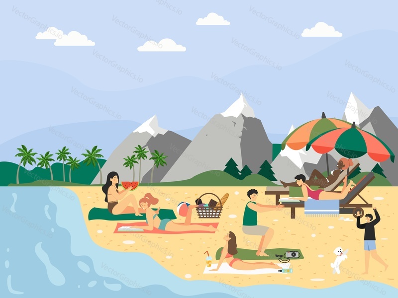 Happy people enjoying summer beach vacation, flat vector illustration. Male and female characters sunbathing, exercising, eating watermelon, reading, playing with dog. Travel. Beach activity.