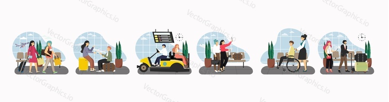 Tourists in airport waiting hall, flat vector isolated illustration. Passengers with luggage sitting, walking. Travel by plane concept.