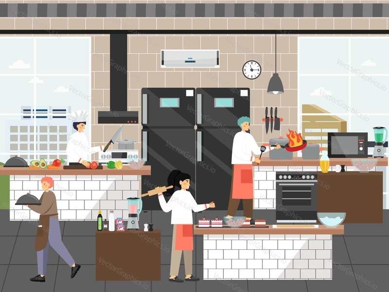 Commercial kitchen staff, flat vector illustration. Chef characters slicing vegetables, frying meat, confectioner cooking desserts, waiter serving dishes. Restaurant industry teamwork, catering.