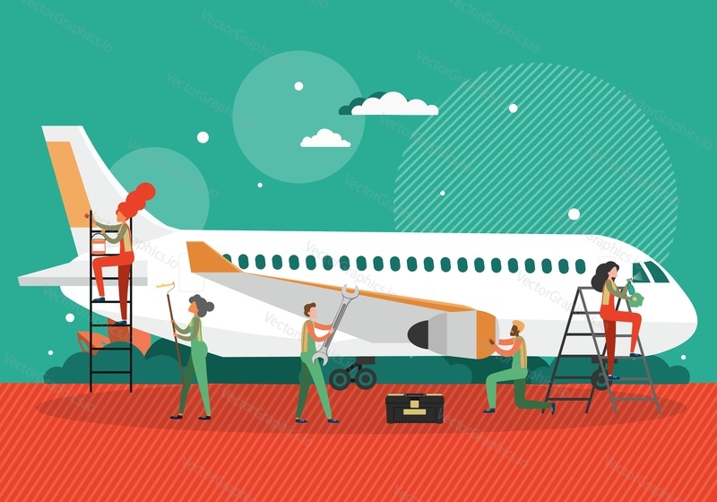 People, technician, mechanic cartoon characters cleaning, painting and fixing plane, flat vector illustration. Aircraft inspection before flight.