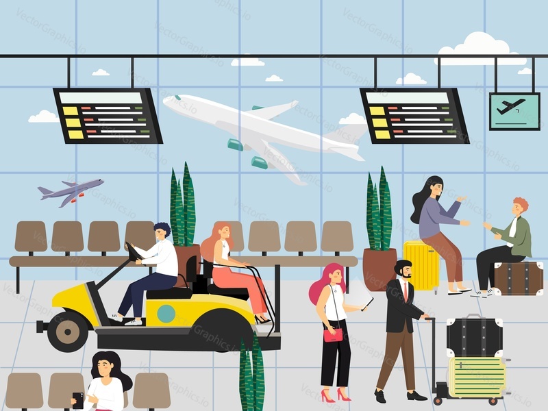 Airport hall interior with people waiting for flight, moving by buggy car, flat vector illustration. Airport buggy services for transit and transfer passengers.