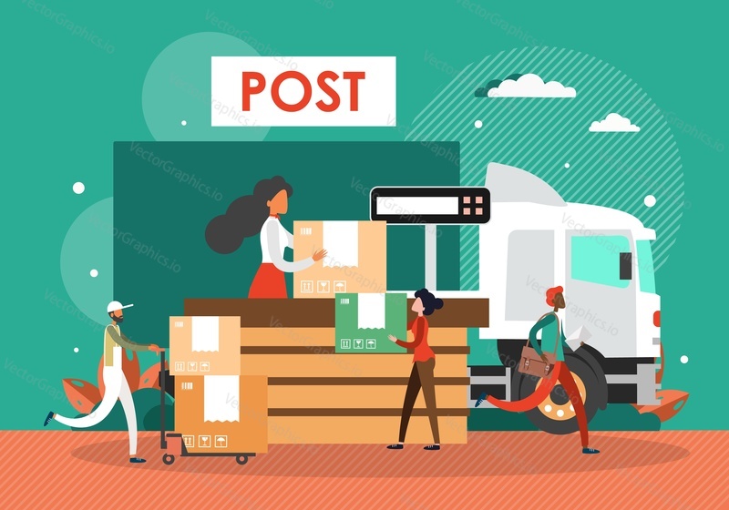 Post office workers with parcels, postman with letters and bag, delivery truck, flat vector illustration. Post delivery service.