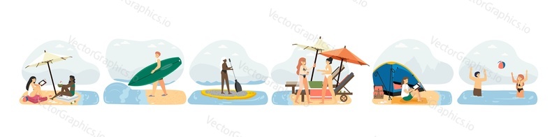 Summer beach activities set, flat vector isolated illustration. People reading, sunbathing under umbrella, surfing, stand up paddle boarding, taking rest with tent, playing ball. Summer vacation.