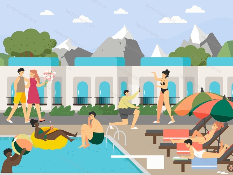 People relaxing by hotel swimming pool, flat vector illustration. Luxury hotel house, resort. Pool party. Summer vacation. Hospitality industry.