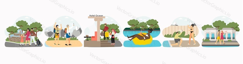 Hotel scene set, flat vector illustration. Porter carrying luggage for tourists, hotel guests relaxing by swimming pool, going sightseeing. Summer vacation, travel, hospitality industry.