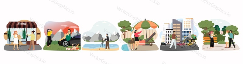 Photographer taking picture, flat vector isolated illustration set. Travel and vacation photo shoot, selfie, fashion models photo session, loving couple snapshots. Photography hobby and occupation.