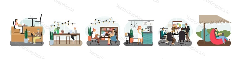 Coworking space scene set, flat vector isolated illustration. Business office center for freelancers, remote teams. People talking, working, drinking coffee, holding meeting sharing open common space.