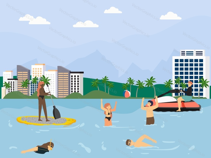 People taking rest on ocean beach, riding water scooter, playing ball, SUP surfing, swimming and snorkeling, flat vector illustration. Tropical vacation. Travel. Summer beach activities.