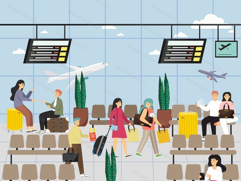Passengers in airport hall, flat vector illustration. People walking with luggage, tickets, passport, waiting for flight in departure lounge sitting on chair and suitcase.