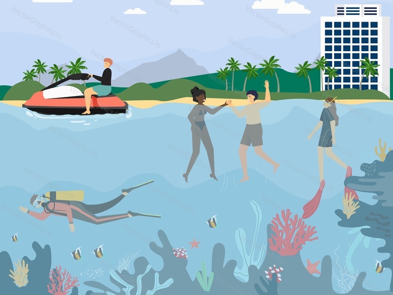 People riding water scooter, swimming, scuba diving with aqualung, snorkeling with mask and snorkel, flat vector illustration. Underwater swimming. Beach water sport activities. Summer vacation.