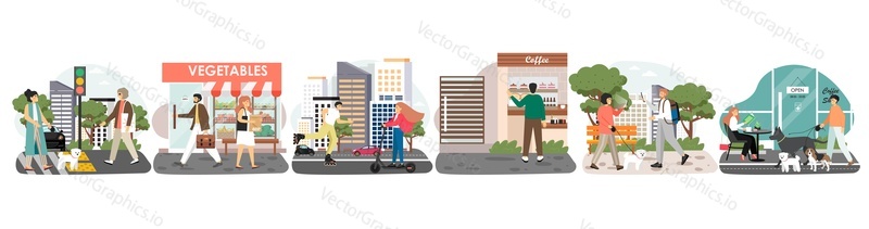 City life scene set, flat vector illustration. People walk along the street, cross the road at pedestrian crossing on green light, roller skate, ride electric scooter, go shopping. Pedestrian traffic.